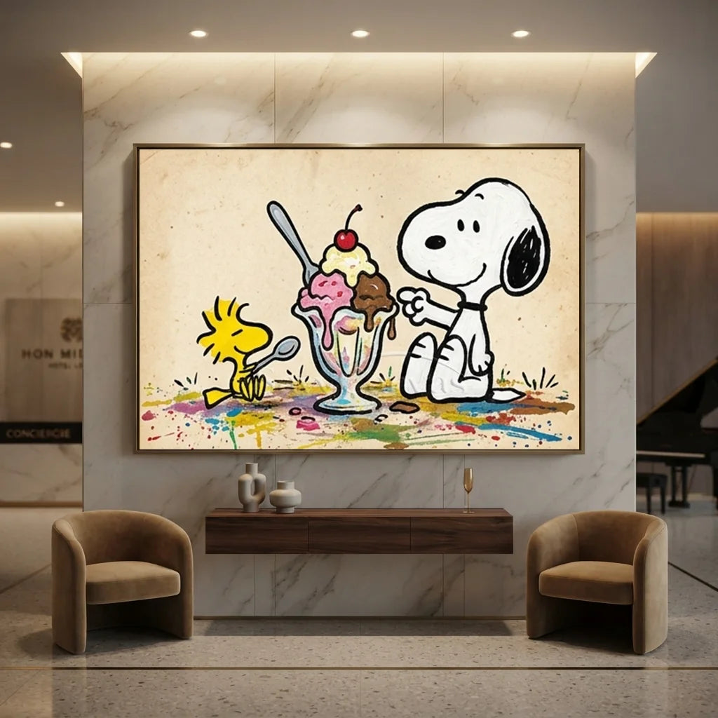 Hand-painted Pop Art oil painting of Snoopy and Woodstock sharing a giant multi-colored ice cream sundae with a cherry on top against a vintage beige background with paint splatters.