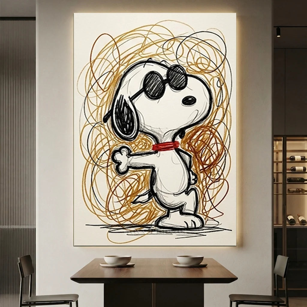 Hand-painted Pop Art oil painting of Snoopy wearing sunglasses and a red collar with brown sketchy background lines on a textured white canvas.