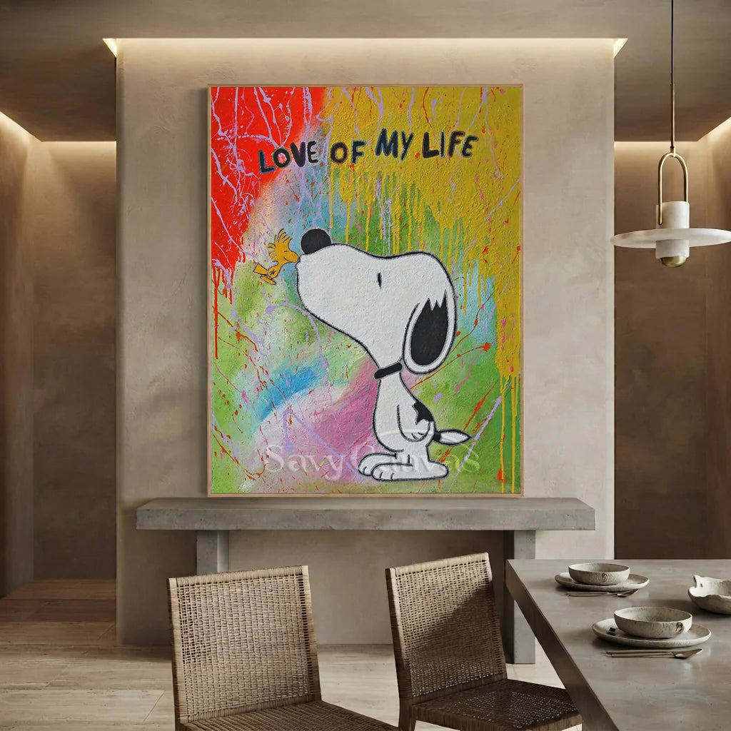 Hand-painted Pop Art oil painting of Snoopy and Woodstock with "LOVE OF MY LIFE" graffiti text on a vibrant textured multi-color canvas.