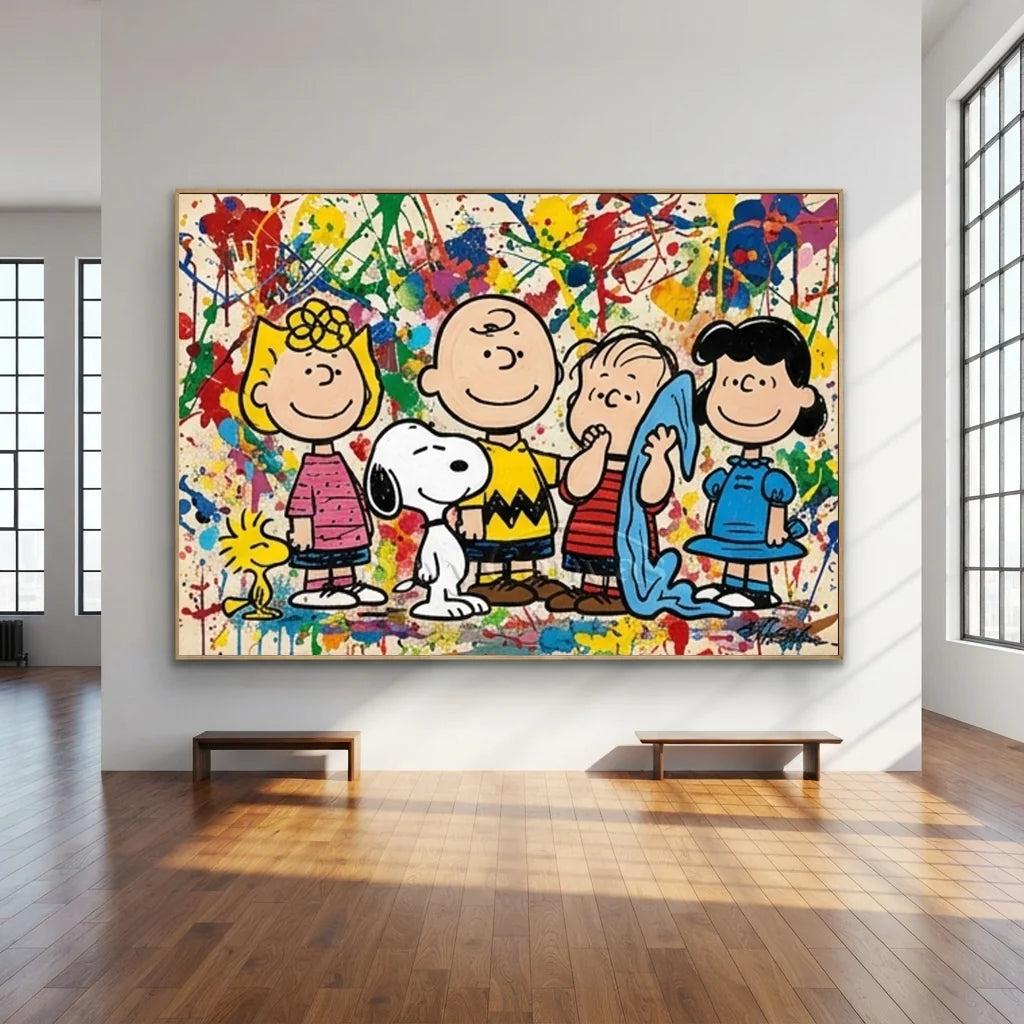 Hand-painted Pop Art oil painting of the Peanuts gang including Charlie Brown, Snoopy, Lucy, Linus, Sally, and Woodstock standing together against a vibrant multi-colored paint splatter background.