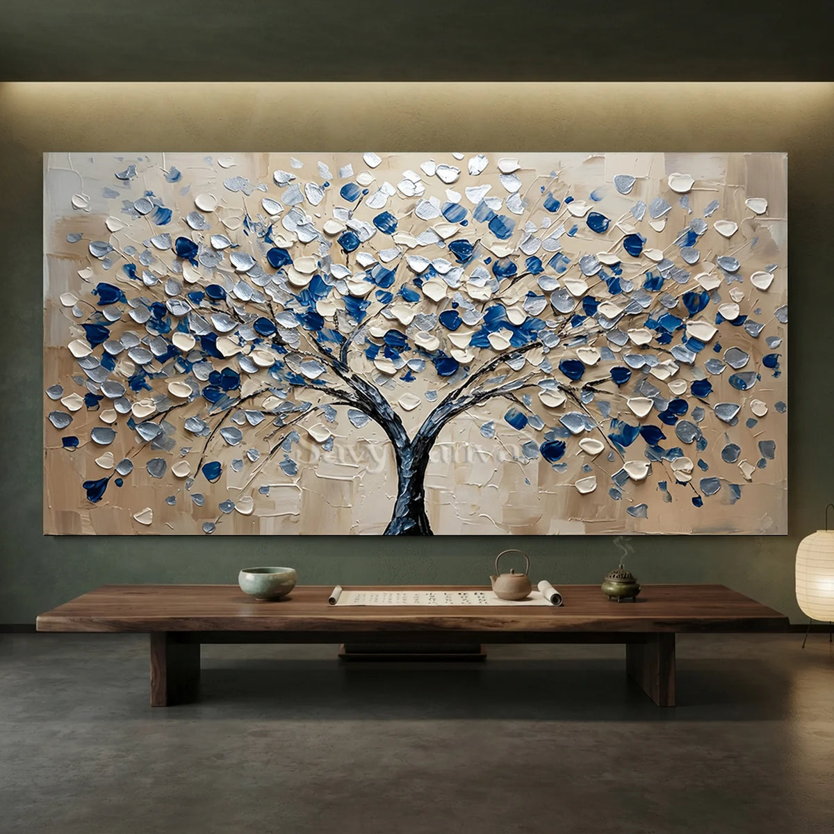 Hand-Painted Abstract Blue Floral Tree Canvas Wall Art #SS 032