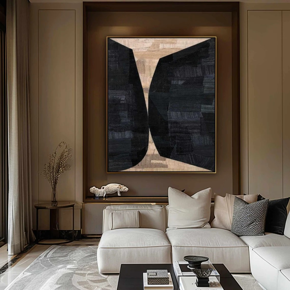 Large Vertical Modern Geometric Art - Black & Beige Contrast  #TC 049