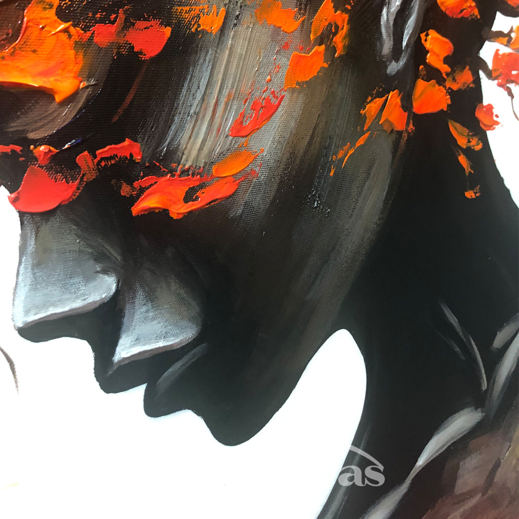Orange Brown Explosive Hair Abstract Portrait Painting, Modern Art Wall Art #TB 044