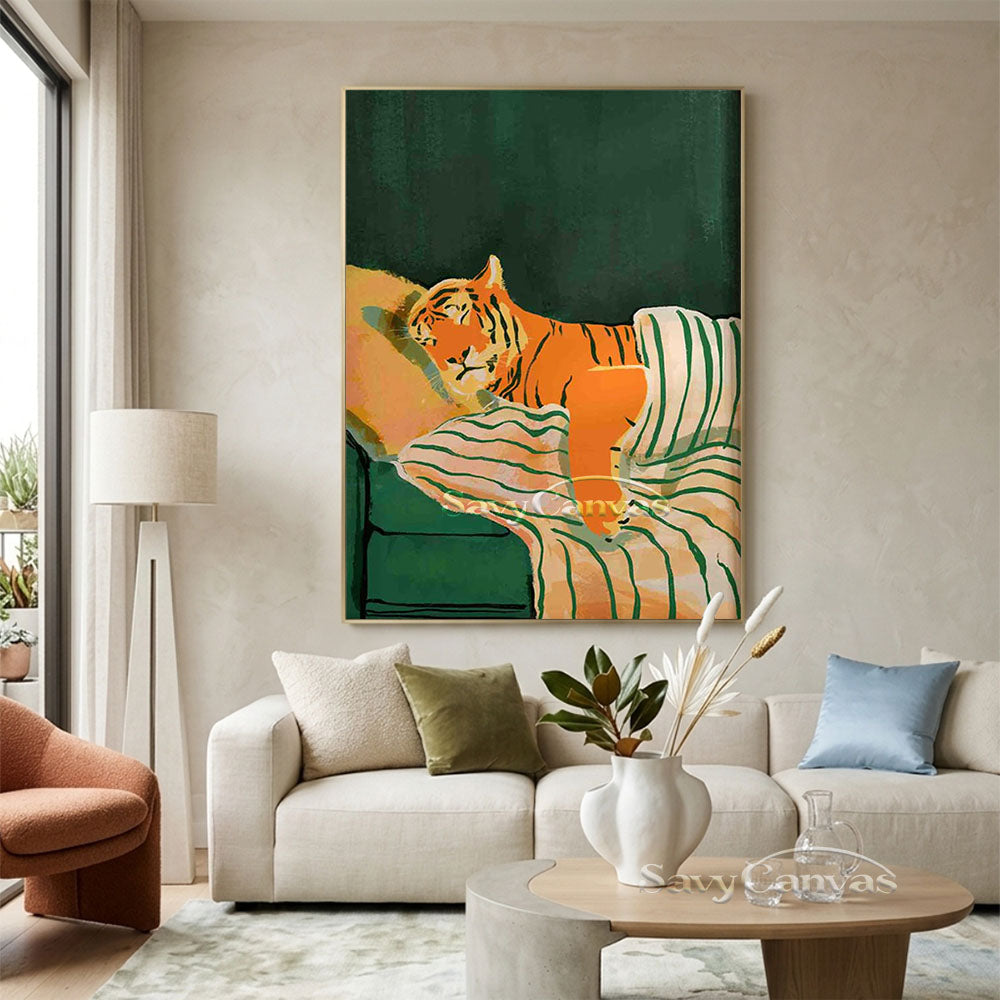 Whimsical Sleeping Tiger Oil Painting Retro Canvas Art #AA 549