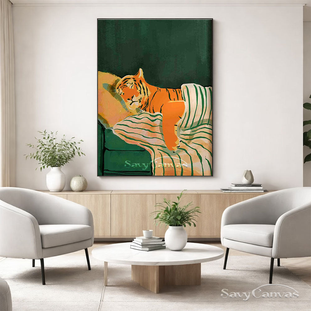 Whimsical Sleeping Tiger Oil Painting Retro Canvas Art #AA 549