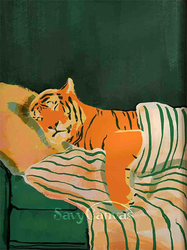 Whimsical Sleeping Tiger Oil Painting Retro Canvas Art #AA 549