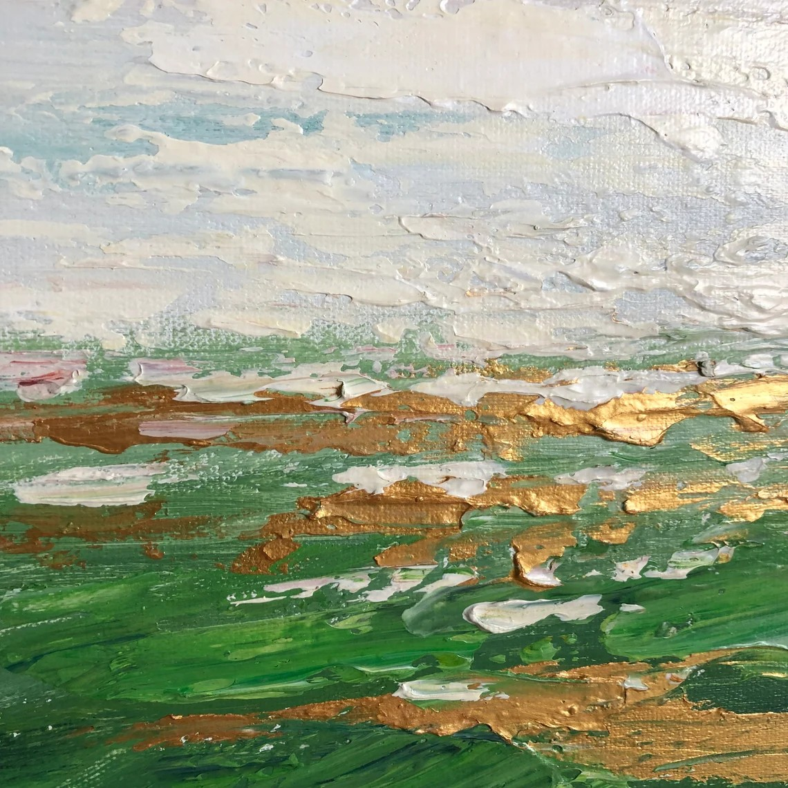 Textured Abstract Oil Painting - Green & Gold Organic Forms