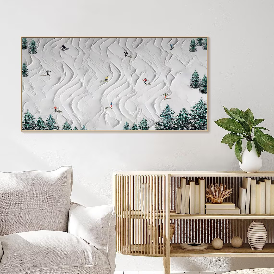 Textured Skiing Art Painting- Handmade Winter Sport  Scene #TC 096