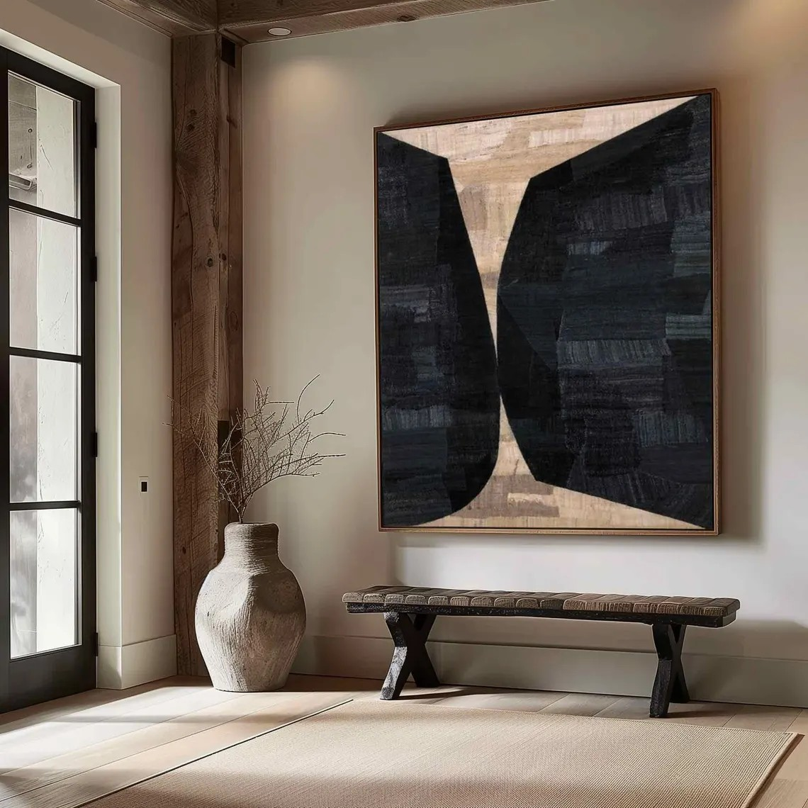 Large Vertical Modern Geometric Art - Black & Beige Contrast  #TC 049