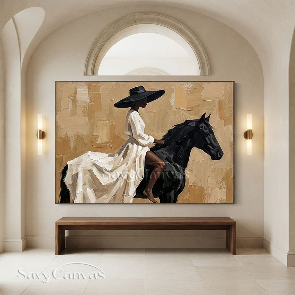 Elegant Woman on Black Horse Oil Painting #ZC 027