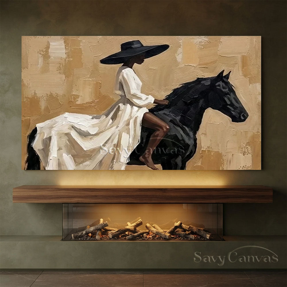 Elegant Woman on Black Horse Oil Painting #ZC 027