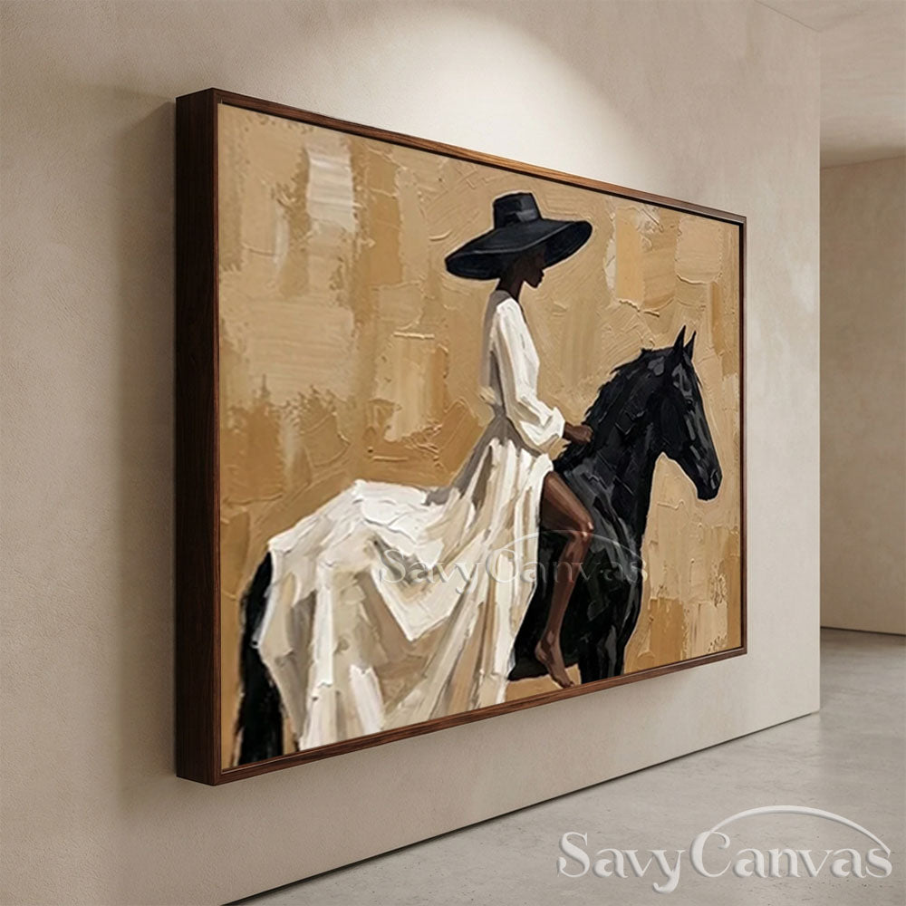 Elegant Woman on Black Horse Oil Painting #ZC 027