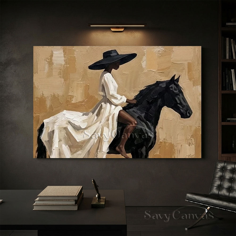 Elegant Woman on Black Horse Oil Painting #ZC 027