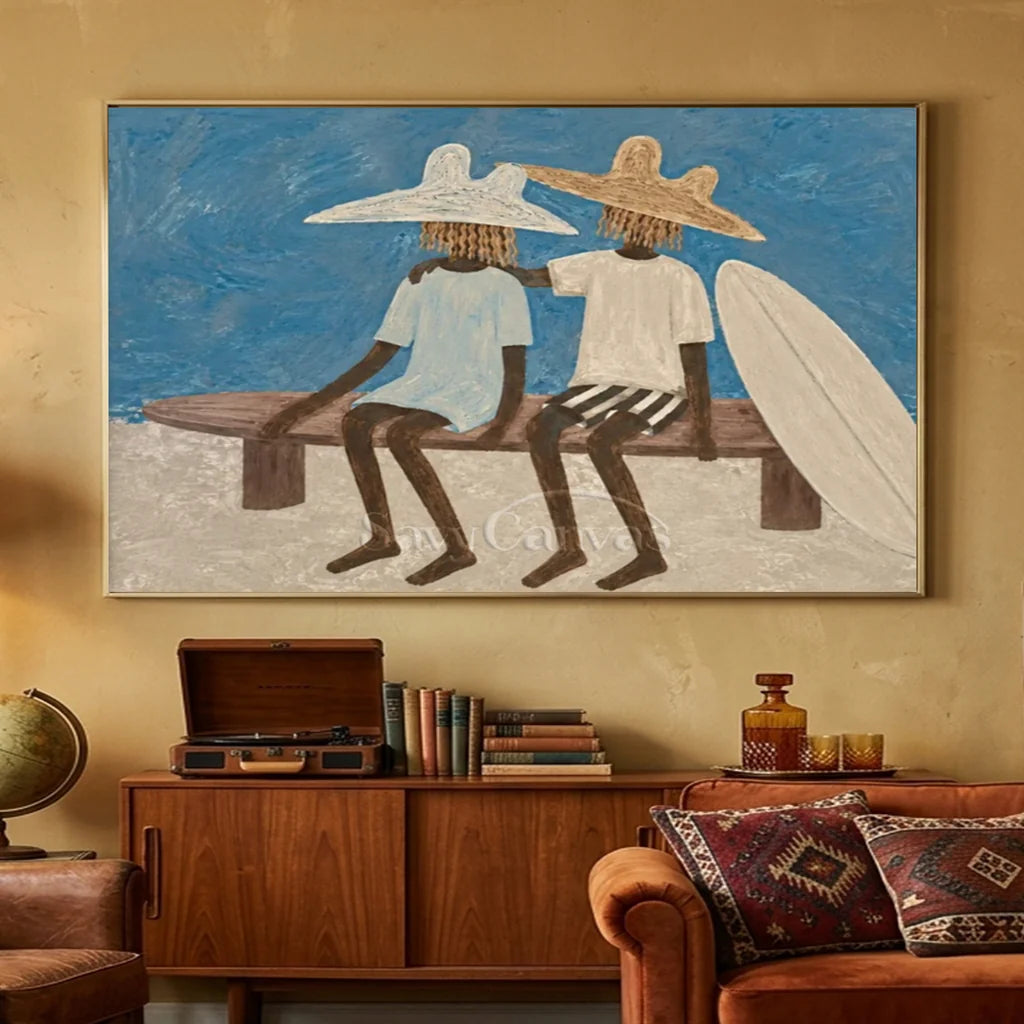 Handcrafted expressionist oil painting featuring two stylized companions in wide-brimmed hats sitting on a wooden bench with a surfboard against a vibrant blue ocean background, ideal for modern living room or coastal wall decor.