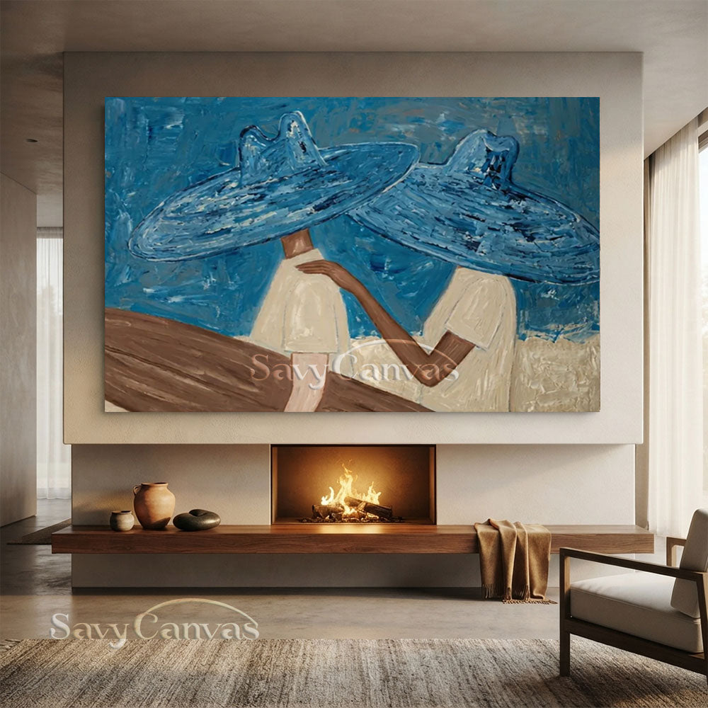 Abstract Two Figures in Blue Hats Oil Painting #ZC 029