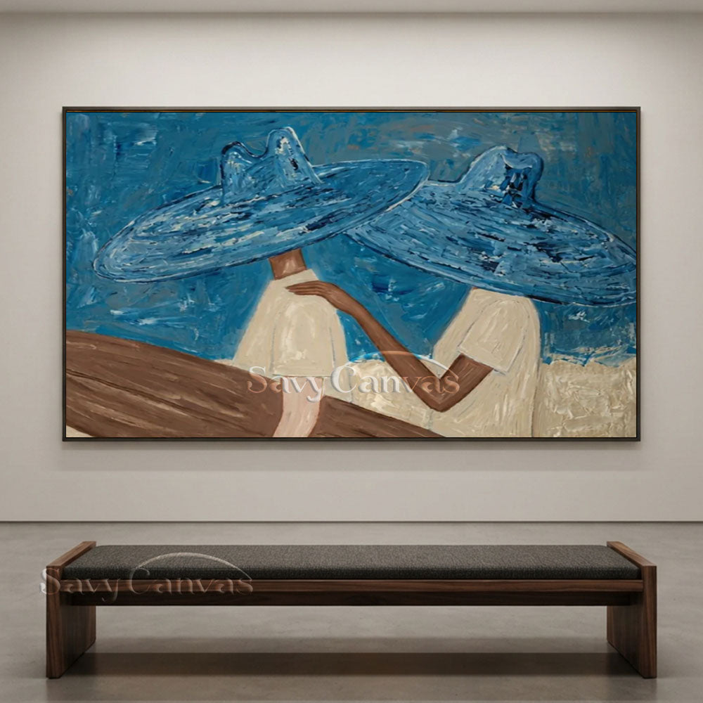 Abstract Two Figures in Blue Hats Oil Painting #ZC 029