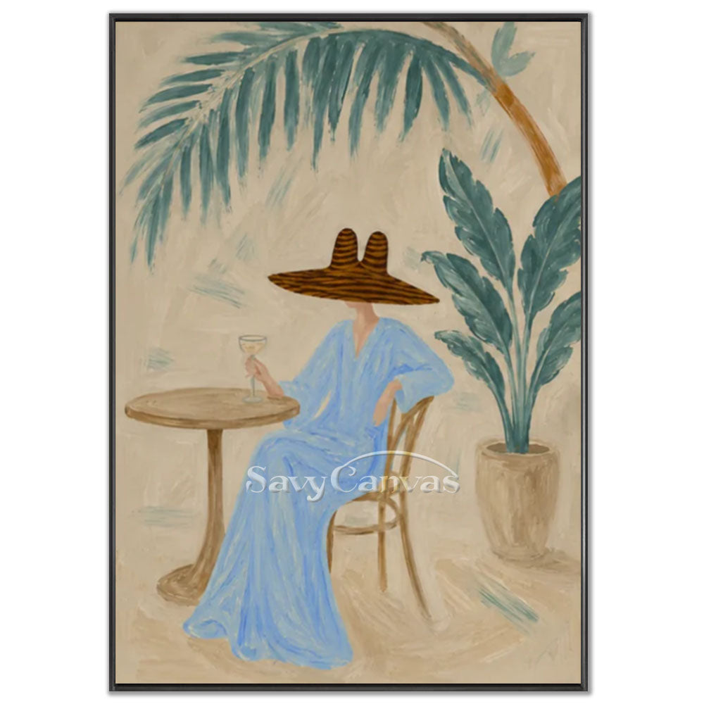 A 100% handmade modernist oil painting with a textured sandy beige background, depicting a stylized geometric portrait of an elegant woman in a long blue dress and a large striped sun hat, sitting at a wooden table with a cocktail glass under a palm leaf and next to a potted tropical plant.