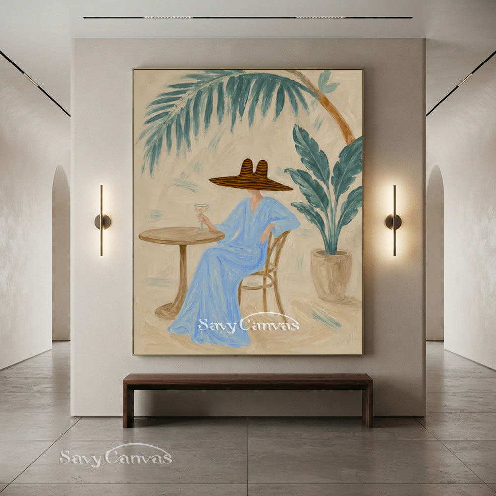 Blue Dress Woman Patio Portrait Oil Painting #SS 235