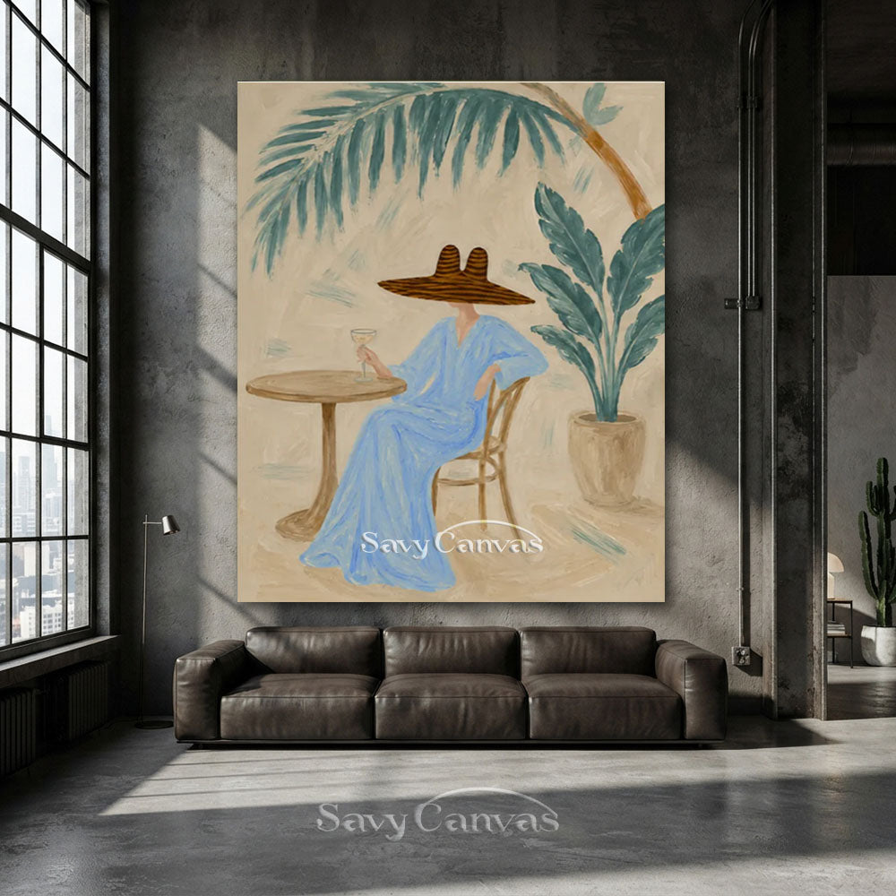 Blue Dress Woman Patio Portrait Oil Painting #SS 235
