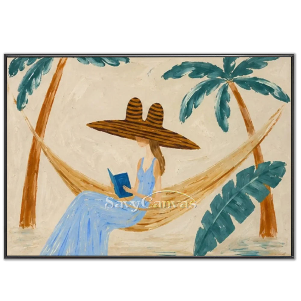 Premium handmade modern oil painting depicting a woman in a blue dress and striped sun hat reading in a hammock surrounded by green palm trees on a beige background.