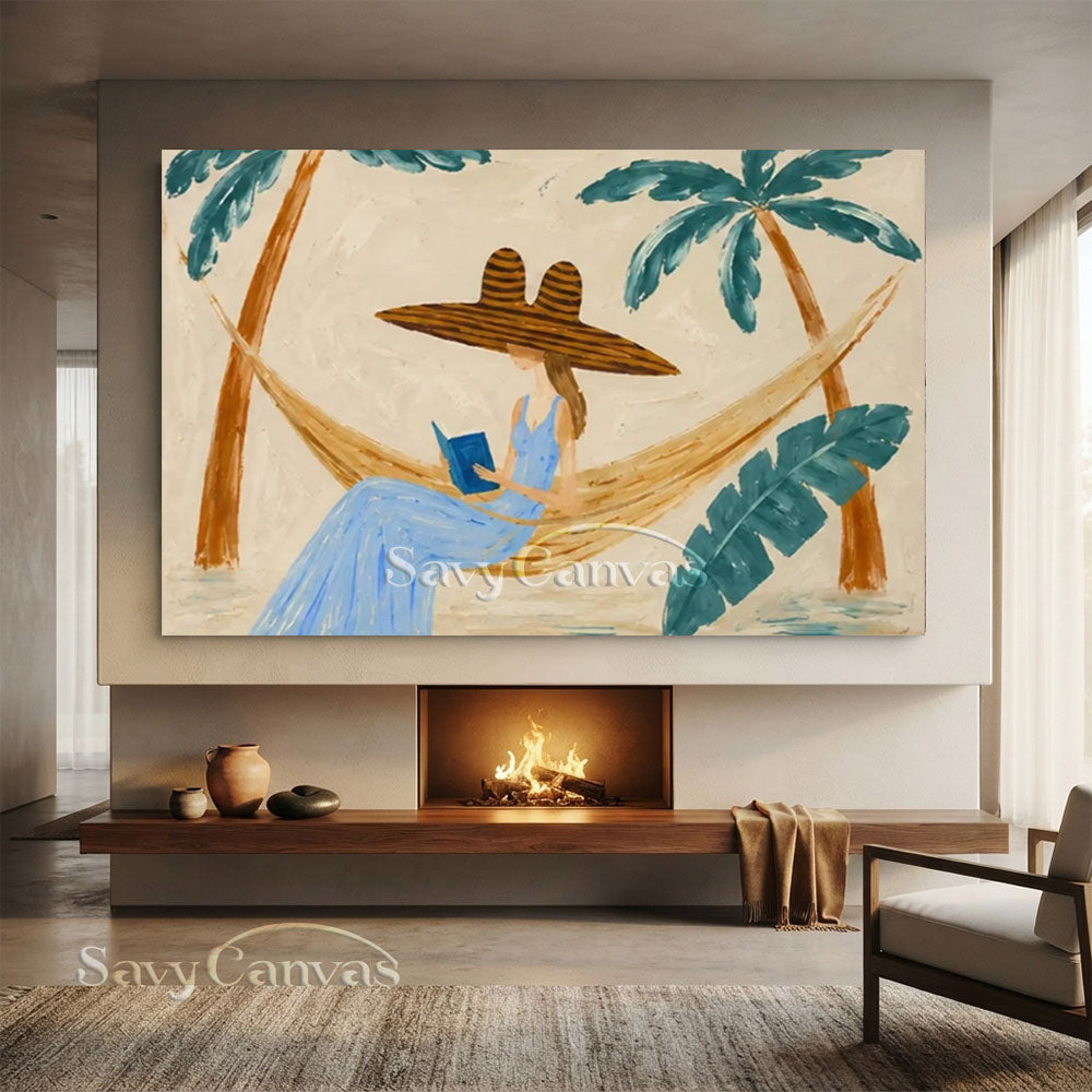 Handmade Tropical Vintage Woman in Hammock Oil Painting #ZC 030
