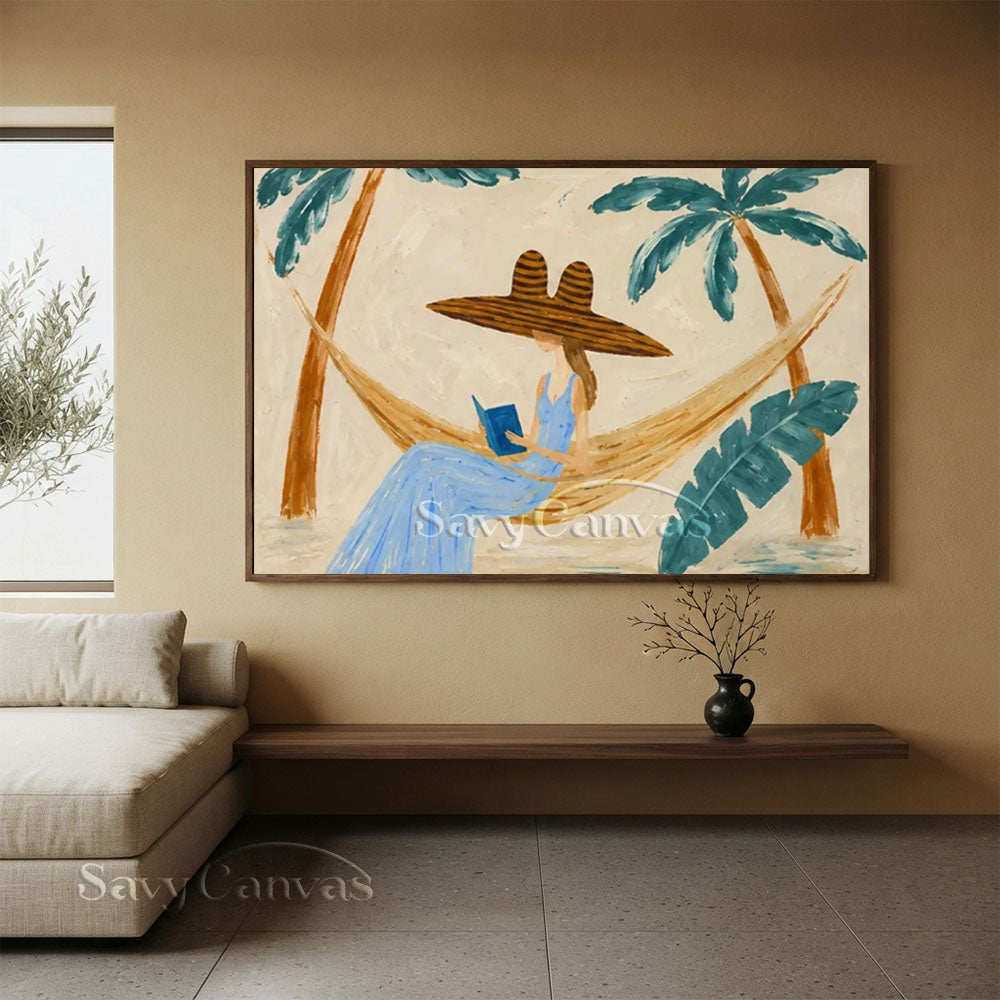 Handmade Tropical Vintage Woman in Hammock Oil Painting #ZC 030
