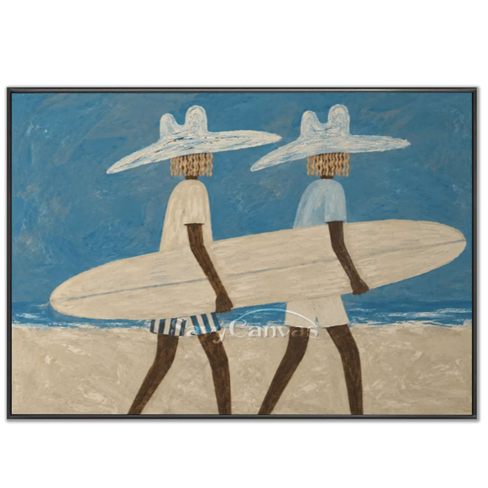 Premium handmade modern abstract oil painting depicting two surfers in blue hats carrying a large surfboard along a sandy beach against a textured blue ocean horizon.  