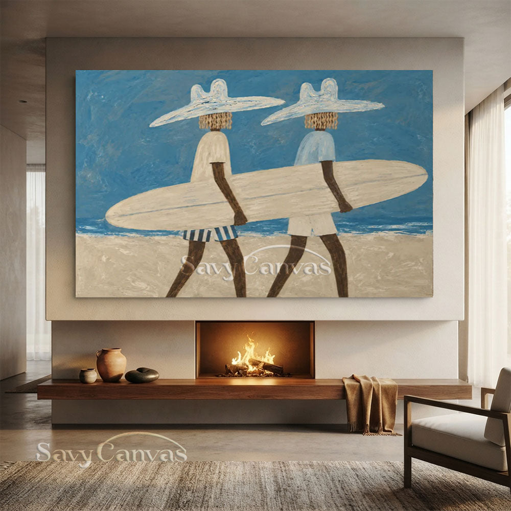 Handmade Coastal Modern Two Surfers with Surfboard Blue Oil Painting #ZC 031