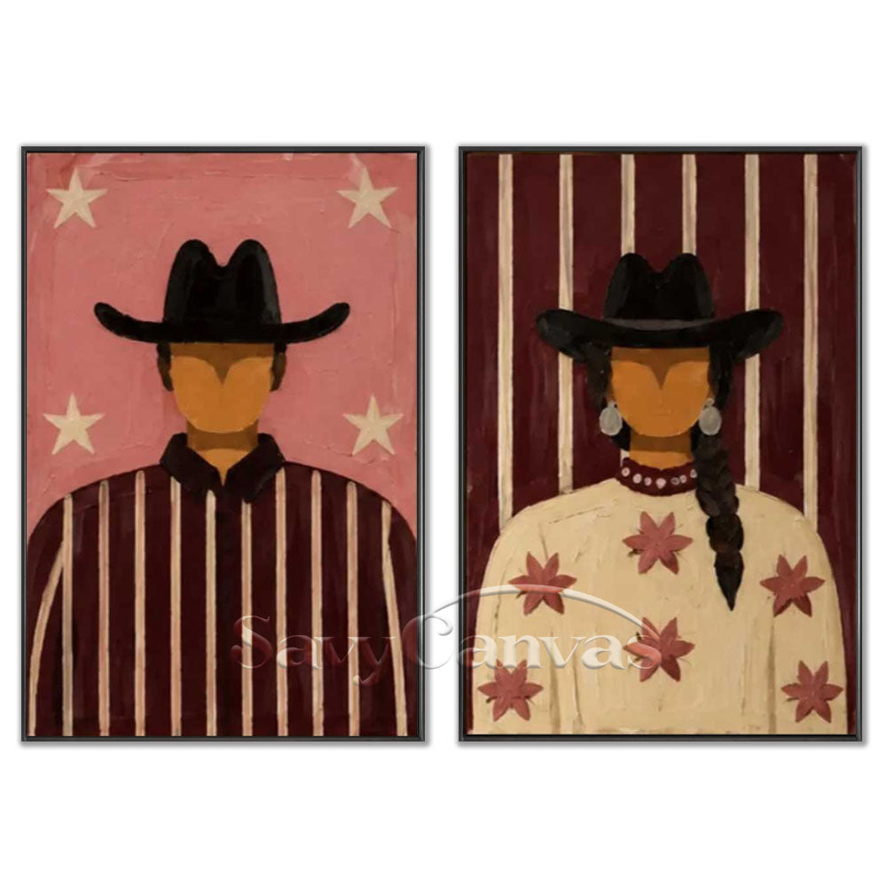 Hand-crafted modernism style couple and western figures oil painting diptych on canvas by Savy Canvas, featuring abstract cowboys in star and stripe motifs with pink, burgundy, and cream tones in black frames. Sophisticated wall decor, ready to hang.  