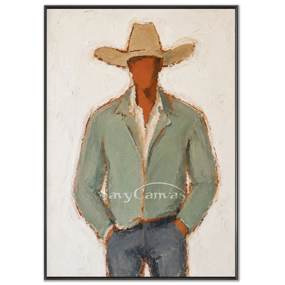 A 100% handmade modernist oil painting with a heavy textured, impasto white canvas background, depicting a faceless geometric portrait of a classic cowboy with a tan hat, a sage green jacket, and denim jeans.