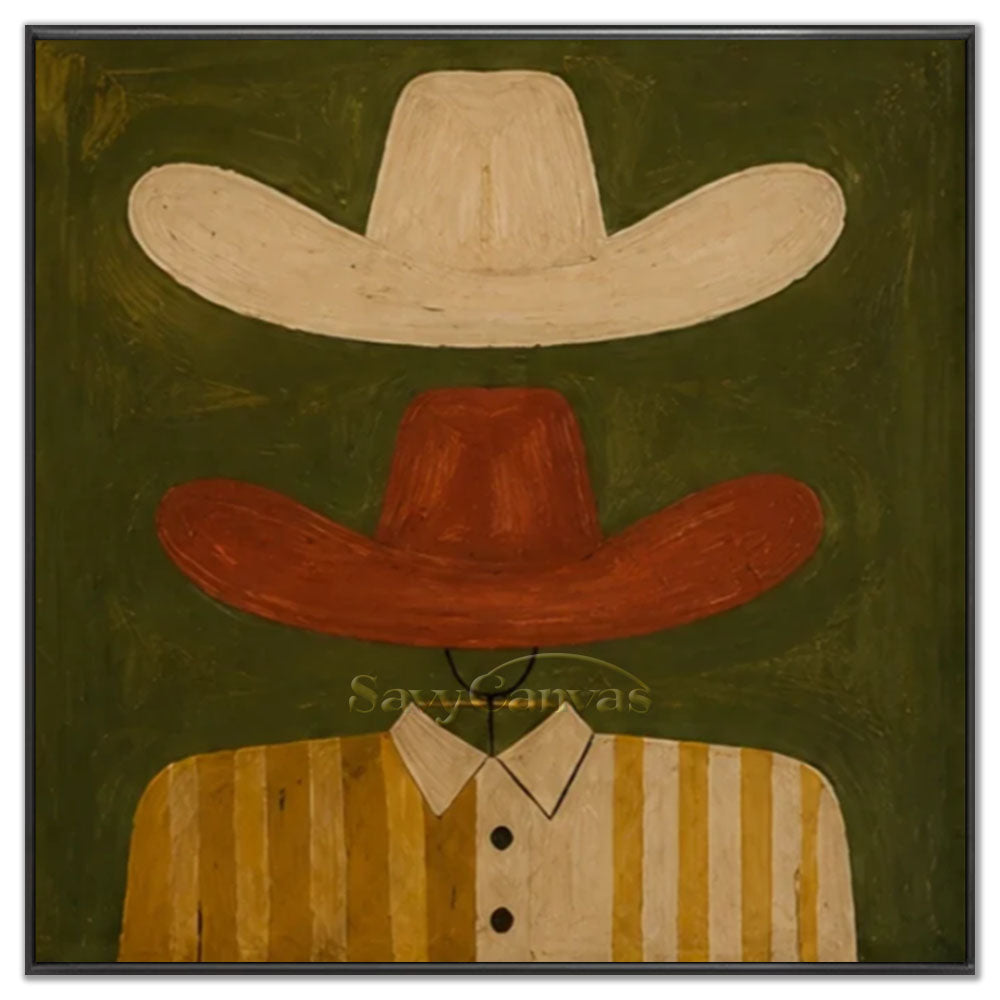 High-quality handmade abstract modern oil painting depicting a floating cream Stetson hat and a terracotta cowboy hat above a yellow striped shirt against a textured olive green background.