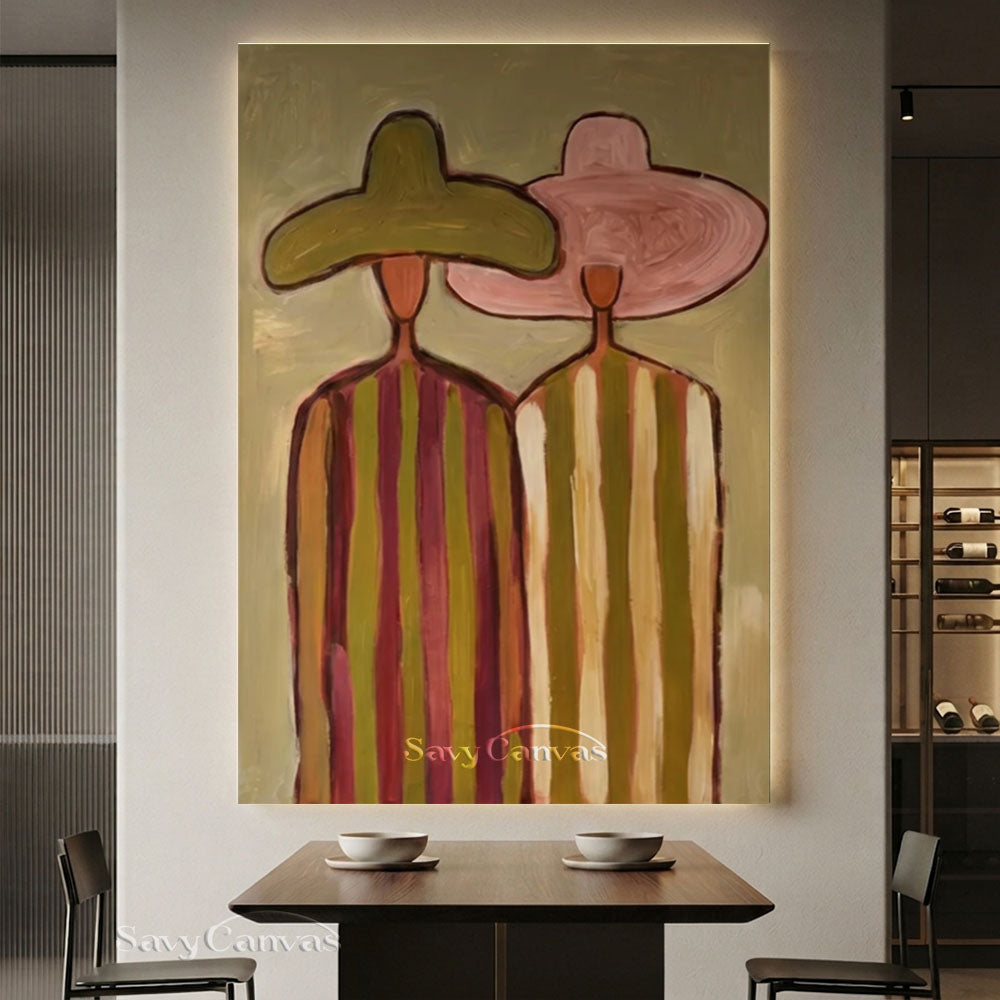 Two Women Vintage Striped Dress Oil Painting #SS 240
