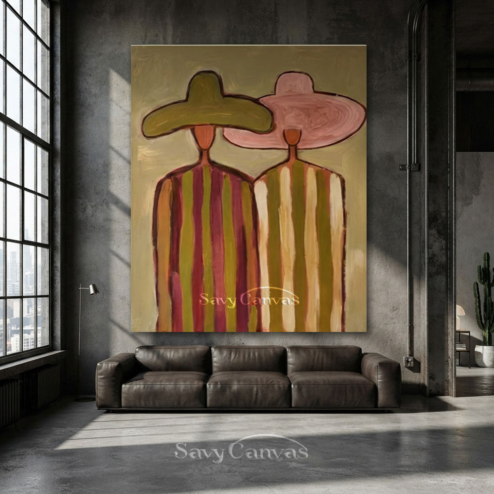 Two Women Vintage Striped Dress Oil Painting #SS 240