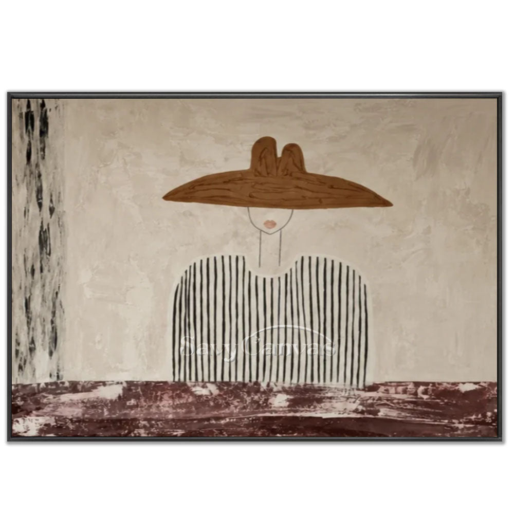 Premium handmade modern minimalist oil painting depicting a chic figure wearing a large brown hat and striped shirt against a warm textured beige background.