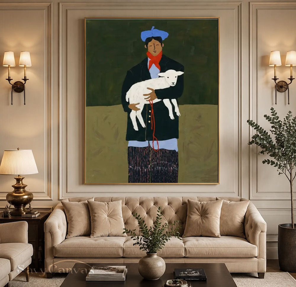 Vintage Man Holding Lamb Vintage Folk Canvas Oil Painting #SS 242