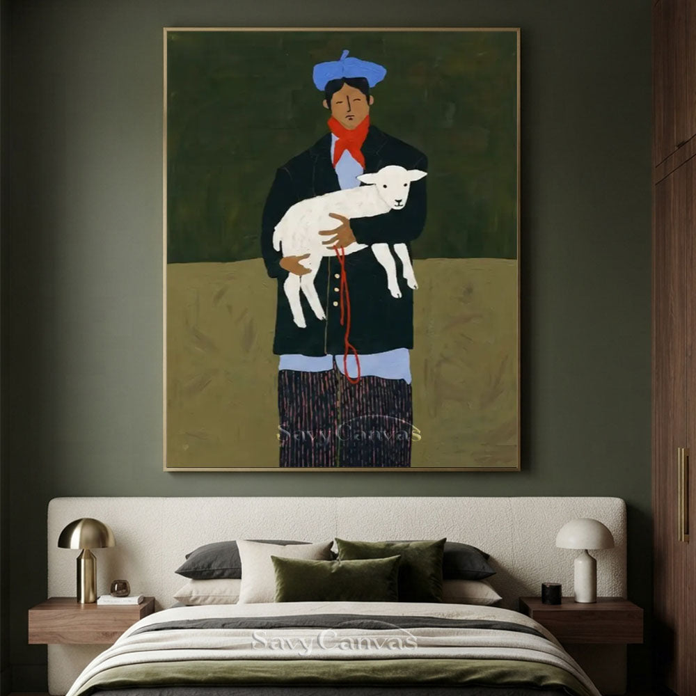 Vintage Man Holding Lamb Vintage Folk Canvas Oil Painting #SS 242