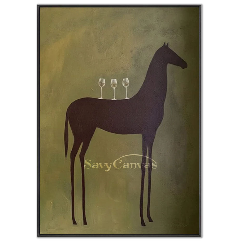 A 100% handmade modernist oil painting with a heavy textured mustard green and earthy yellow background, depicting a stylized geometric abstract silhouette of a tall dark brown horse balancing three transparent white wine glasses on its back.