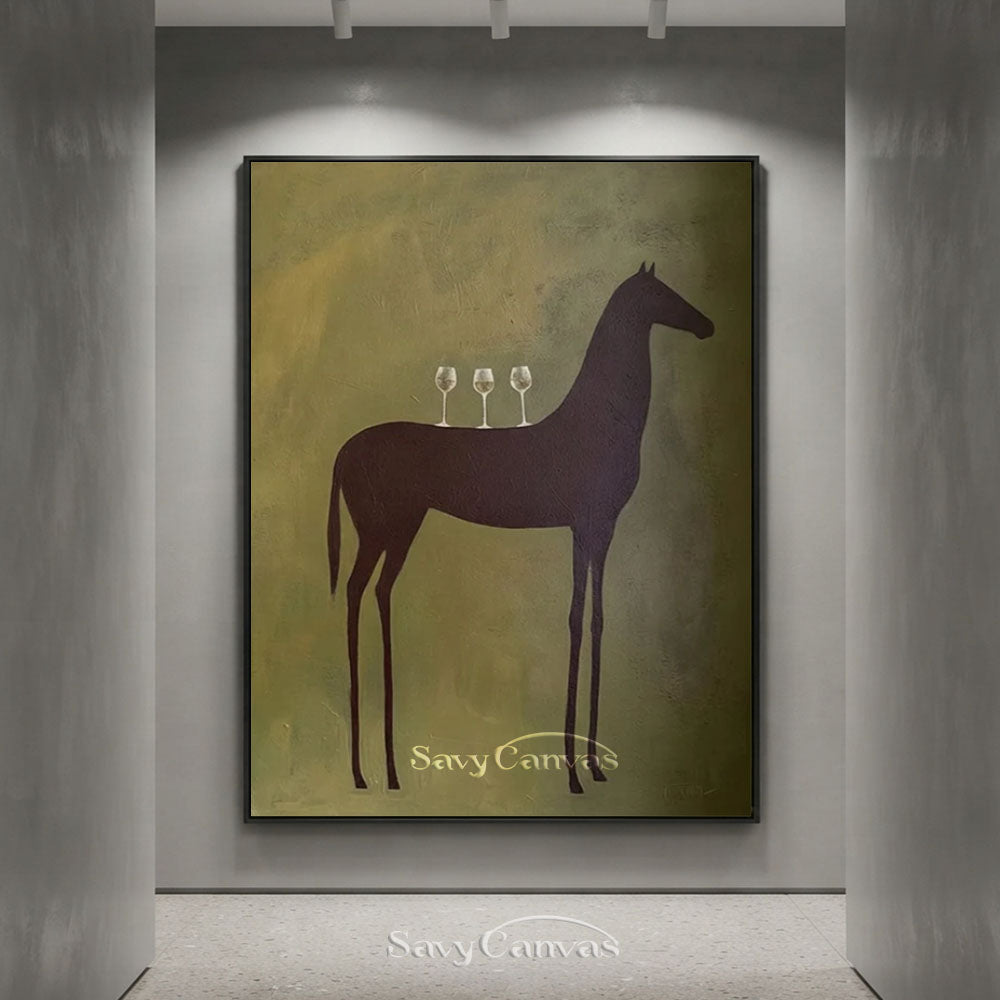 Modernist Horse and Wine Glasses Vintage Abstract Oil Painting #SS 243