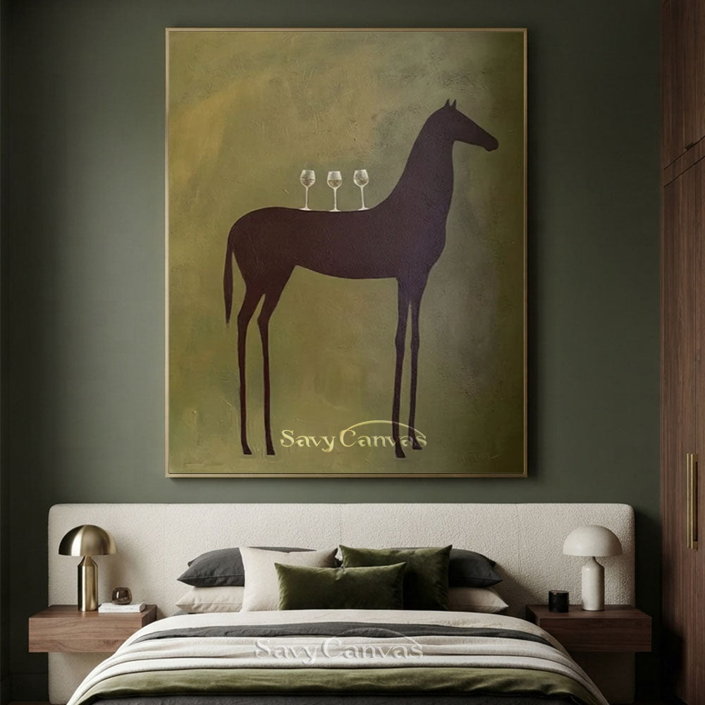 Modernist Horse and Wine Glasses Vintage Abstract Oil Painting #SS 243