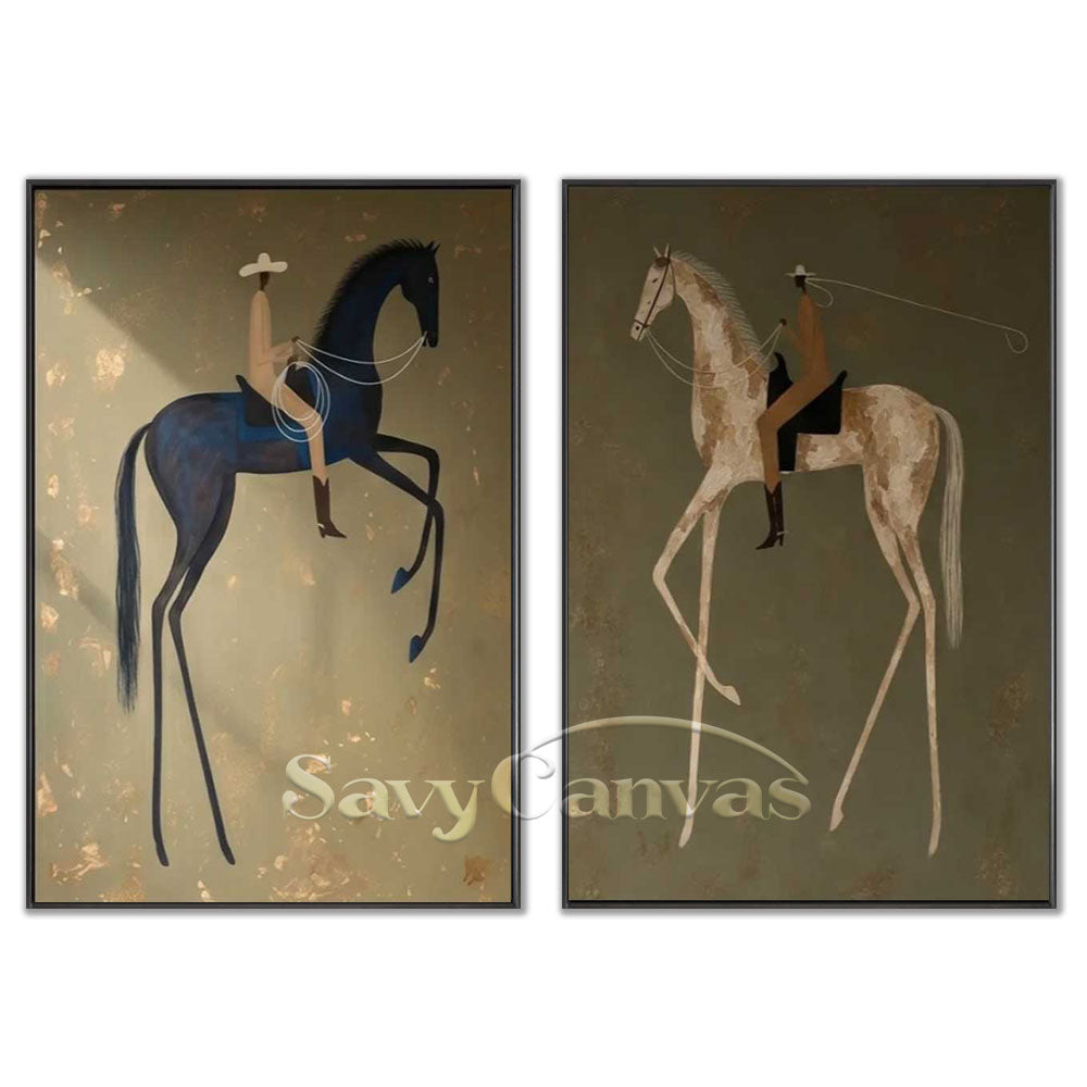 Hand-crafted modernism style equestrian and horse riding oil painting diptych on canvas by Savy Canvas, featuring abstract horses and riders in olive green, navy blue, and brown tones with black frames. Sophisticated wall decor, ready to hang.