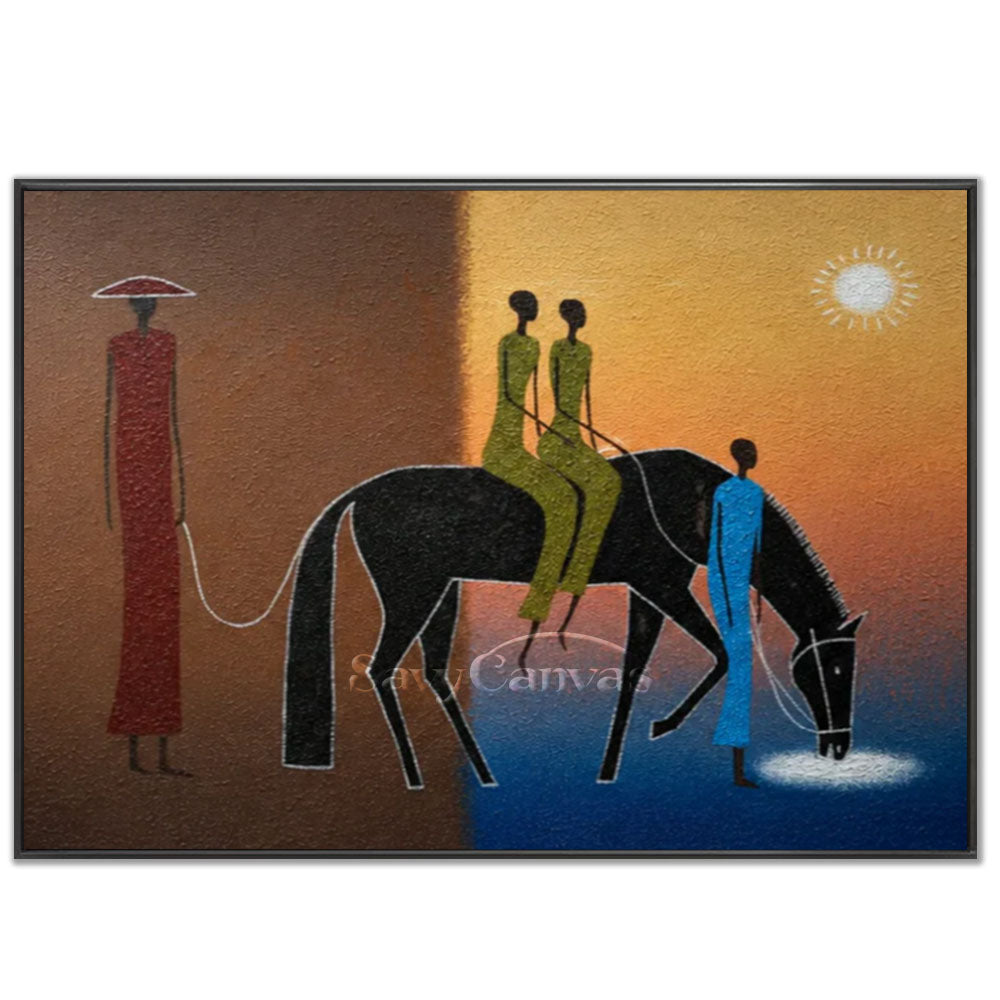 Premium handmade modern abstract oil painting depicting stylized ethnic figures, a black horse drinking water under a glowing sun, with rich terracotta and cobalt blue impasto background.