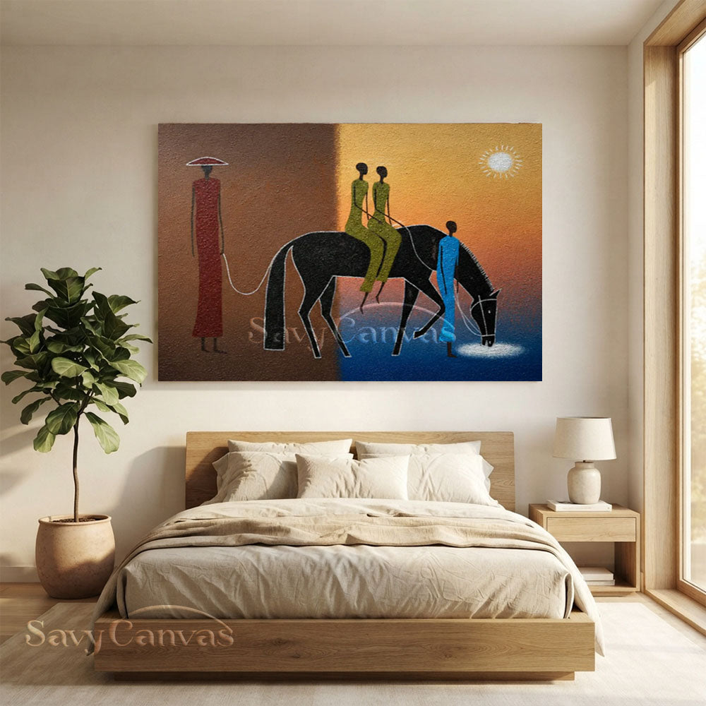 Handmade Tribal Modern Abstract Figures Horse Sunset Oil Painting #ZC 033