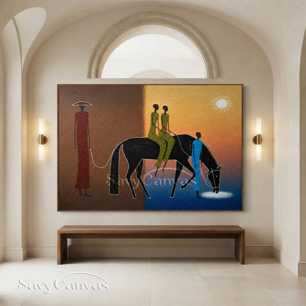 Handmade Tribal Modern Abstract Figures Horse Sunset Oil Painting #ZC 033