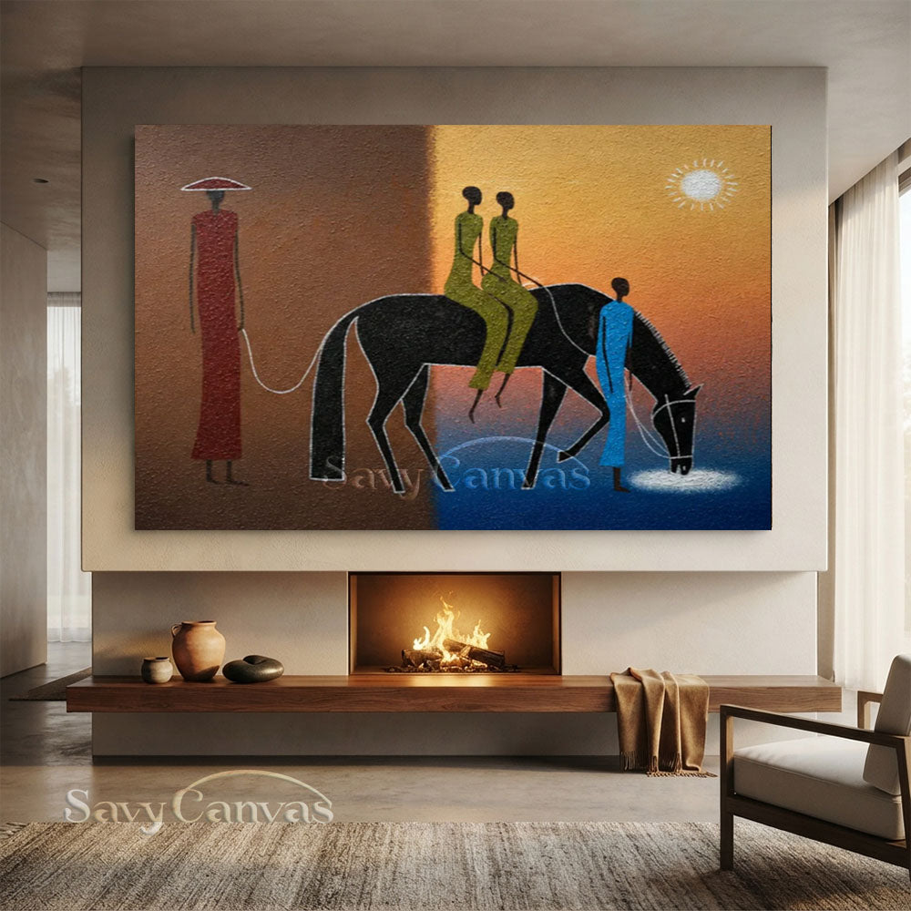 Handmade Tribal Modern Abstract Figures Horse Sunset Oil Painting #ZC 033