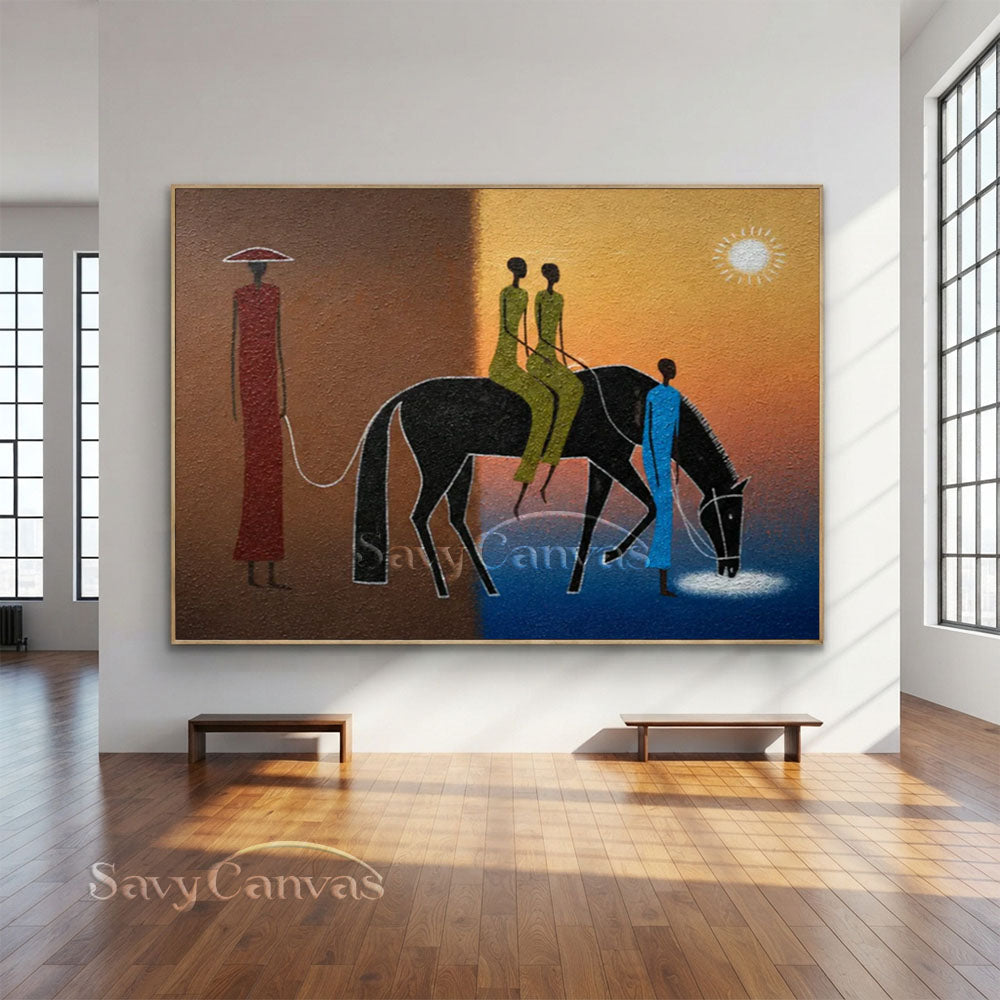 Handmade Tribal Modern Abstract Figures Horse Sunset Oil Painting #ZC 033