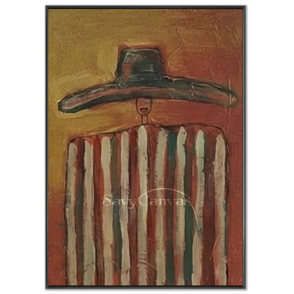 A 100% handmade expressionist oil painting with a heavy textured earthy background transitioning from ochre yellow to brick red, depicting a stylized geometric abstract portrait of a faceless man wearing a large black wide-brimmed hat and a vertical red, white, and dark green striped poncho.