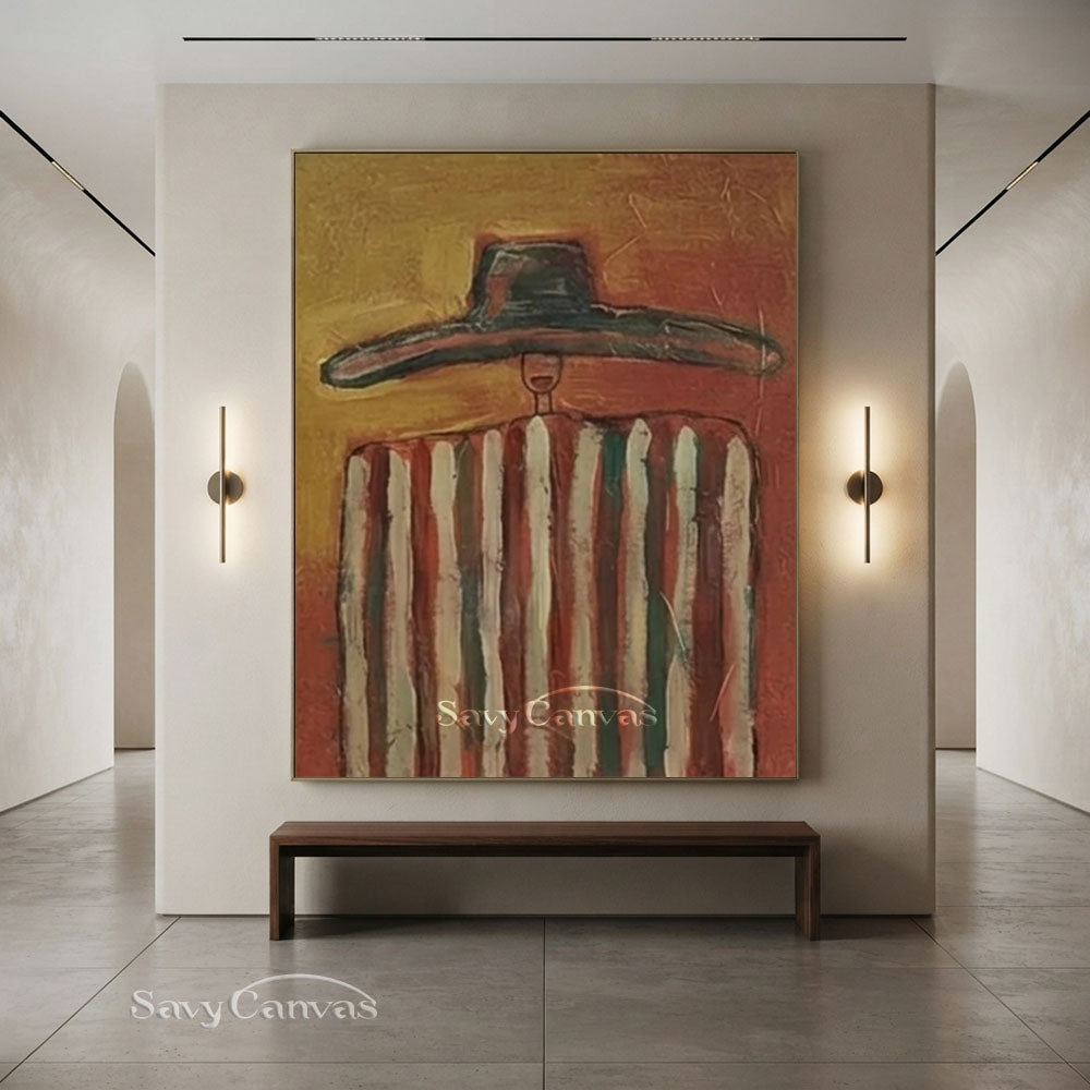 Striped Poncho Man Vintage Folk Canvas Oil Painting #SS 245