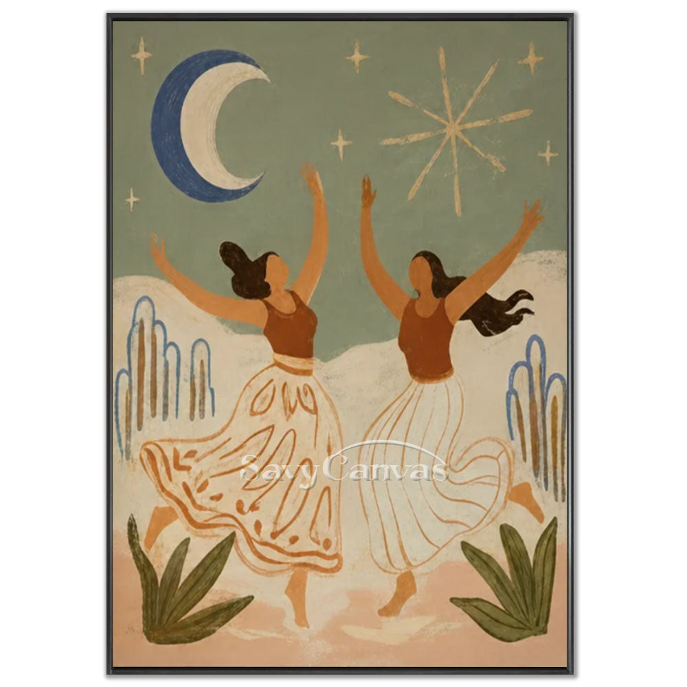A 100% handmade modernist oil painting with a heavy textured background of sage green and sand beige, depicting a stylized geometric abstract illustration of two faceless women in terracotta tops and flowing white skirts dancing beneath a large cobalt blue crescent moon and a golden eight-pointed star.