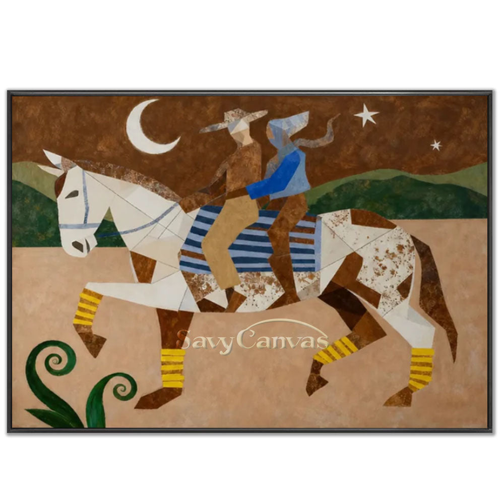 Premium handmade modern Cubist oil painting depicting two riders on a textured white and brown horse under a crescent moon and starry night sky.
