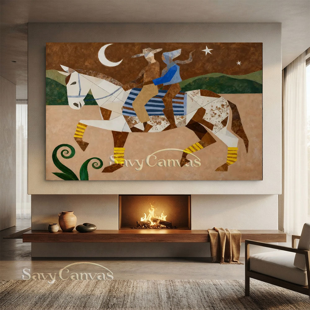 Handmade Modern Cubist Horse & Riders Vintage Moonlit Oil Painting #ZC 034